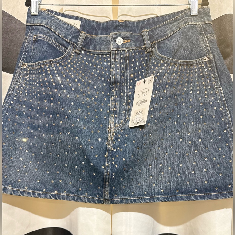 Zara Studded Blue Denim Mini Skirt